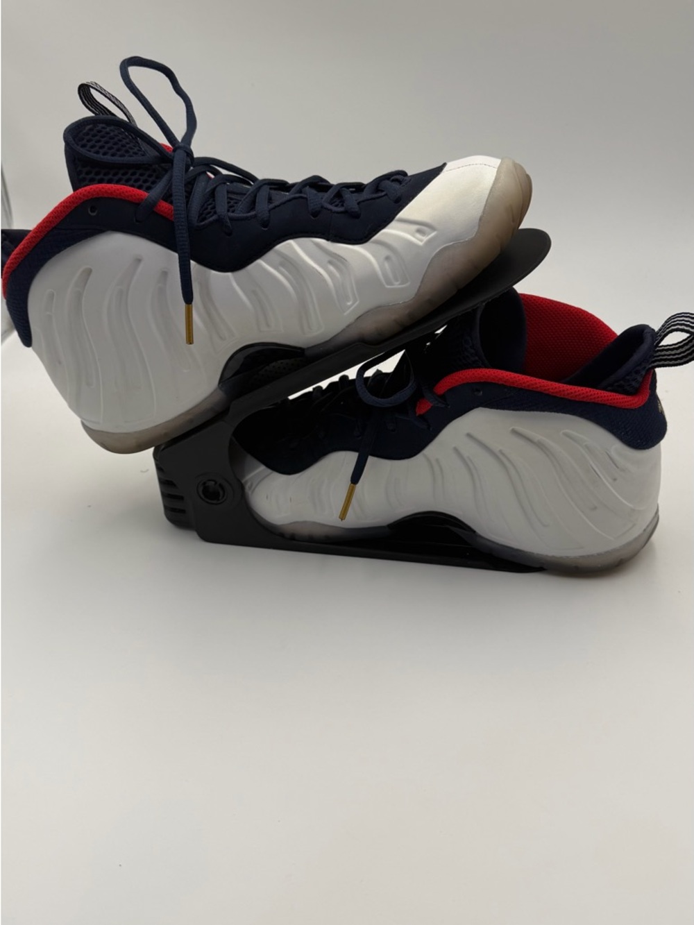 Kids White and Navy Athletic Shoes with Red Accent